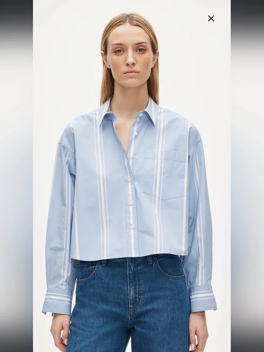 J.CREW M Etienne Crop Blue White Stripe Boxy Oversize Cotton Poplin Button Top